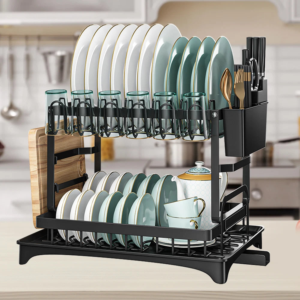 🔥2 Tier Kitchen Sink Dish Drainer Rack With Drip Tray Cutlery Holder Plate Rack