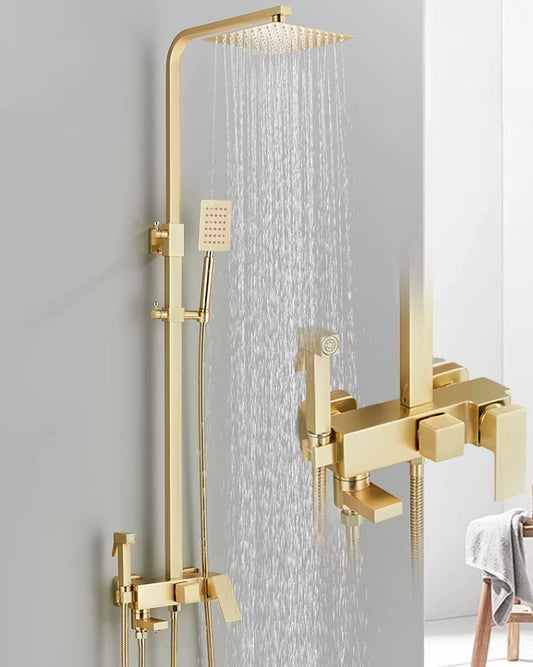 Luxury Brushed Gold Bathroom Rain Shower System – Premium Brass Rainfall Faucet Set with Bidet