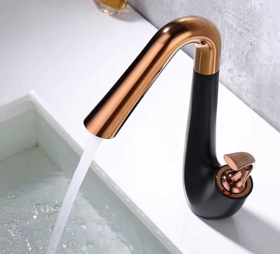 Elegant Swan Design Bathroom Faucet – Rotating Matte Black & Rose Gold Mixer Tap