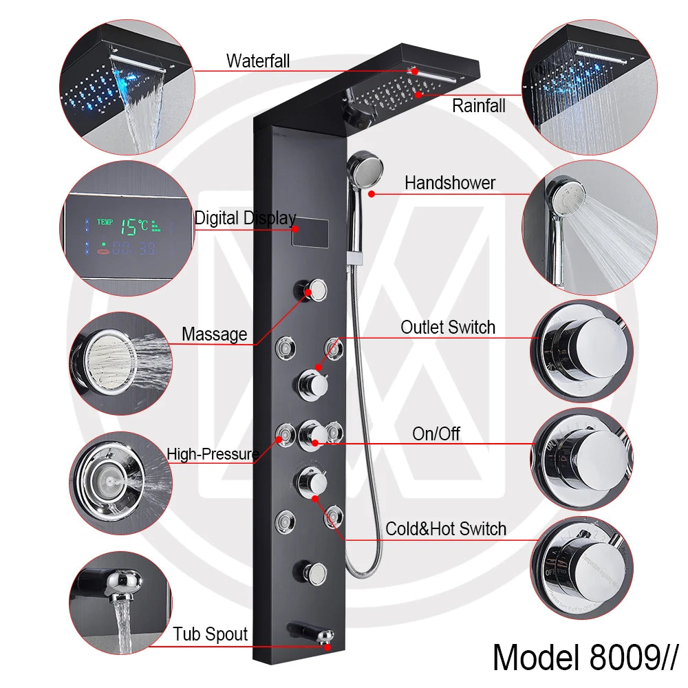 Luxury LED Shower Panel Tower System with Digital Display, Rainfall Waterfall & SPA Massage Jets
