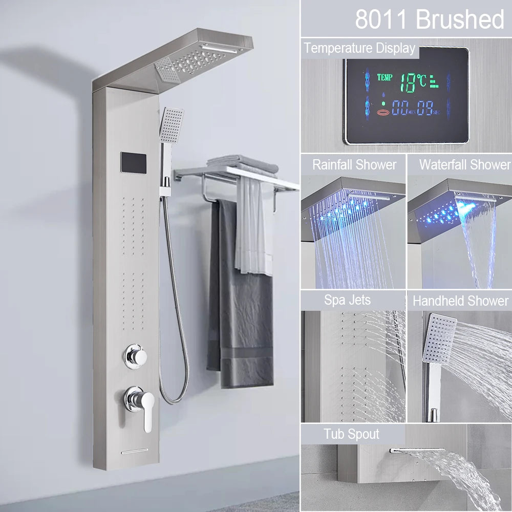 Luxury LED Shower Panel Tower System with Digital Display, Rainfall Waterfall & SPA Massage Jets