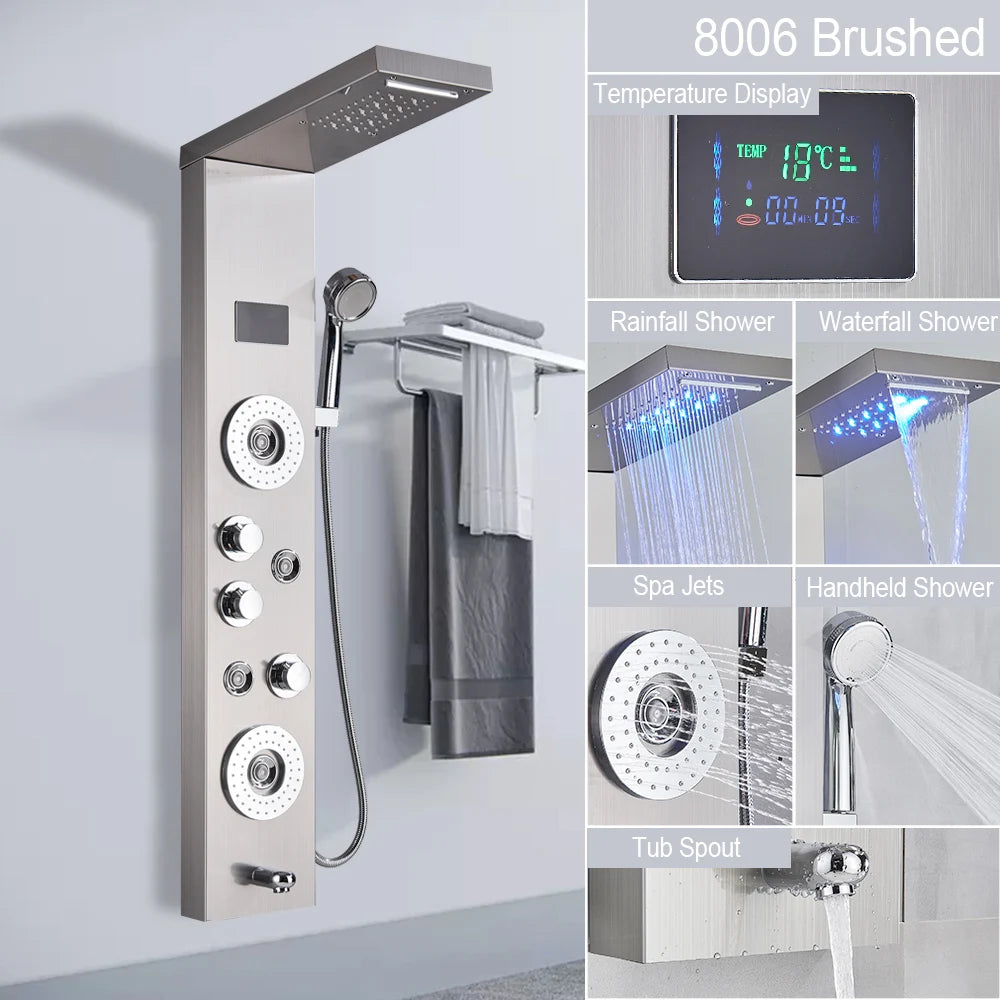 Luxury LED Shower Panel Tower System with Digital Display, Rainfall Waterfall & SPA Massage Jets