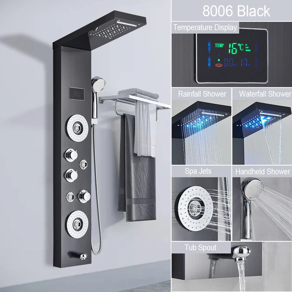 Luxury LED Shower Panel Tower System with Digital Display, Rainfall Waterfall & SPA Massage Jets