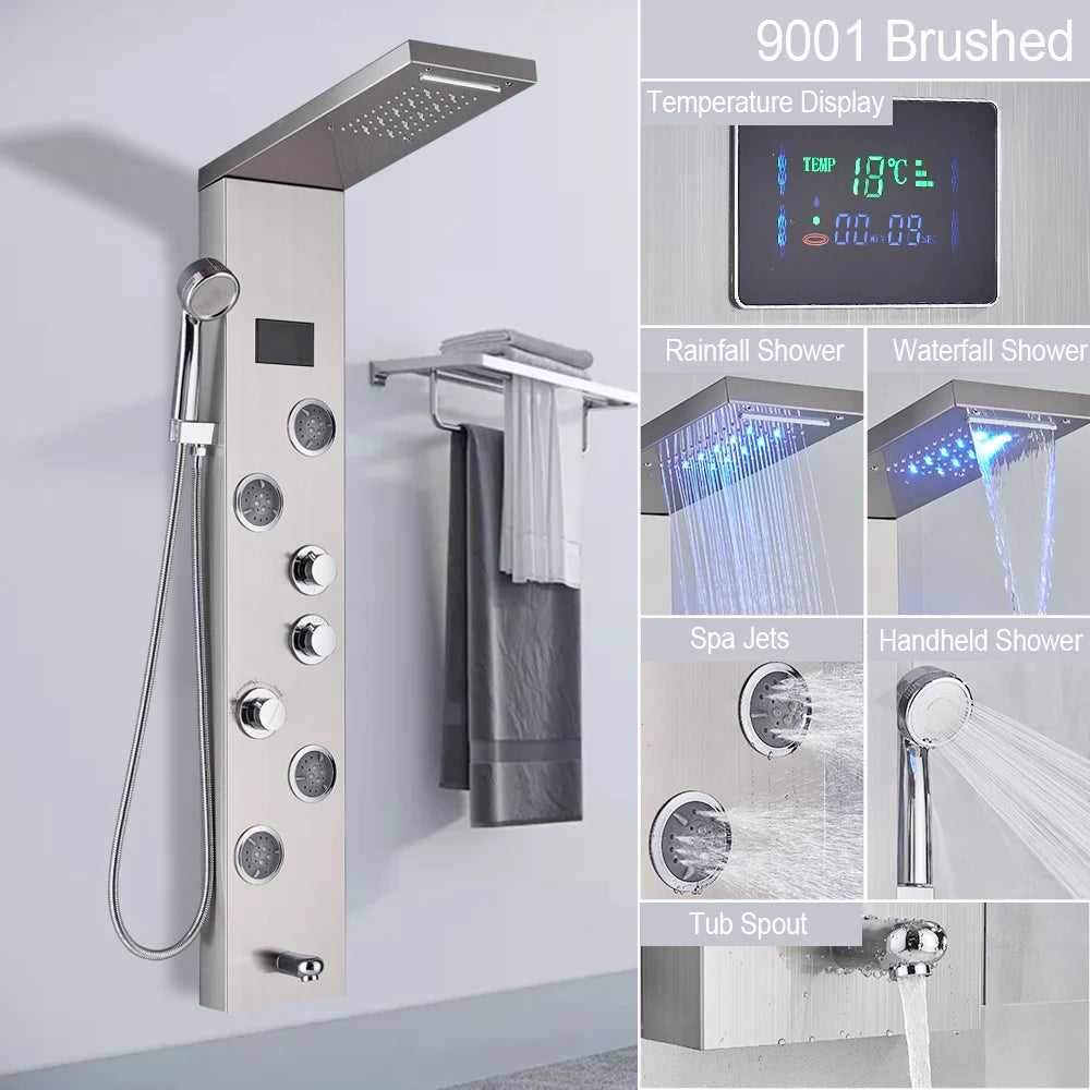 Luxury LED Shower Panel Tower System with Digital Display, Rainfall Waterfall & SPA Massage Jets