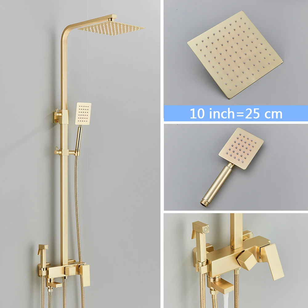 Luxury Brushed Gold Bathroom Rain Shower System – Premium Brass Rainfall Faucet Set with Bidet