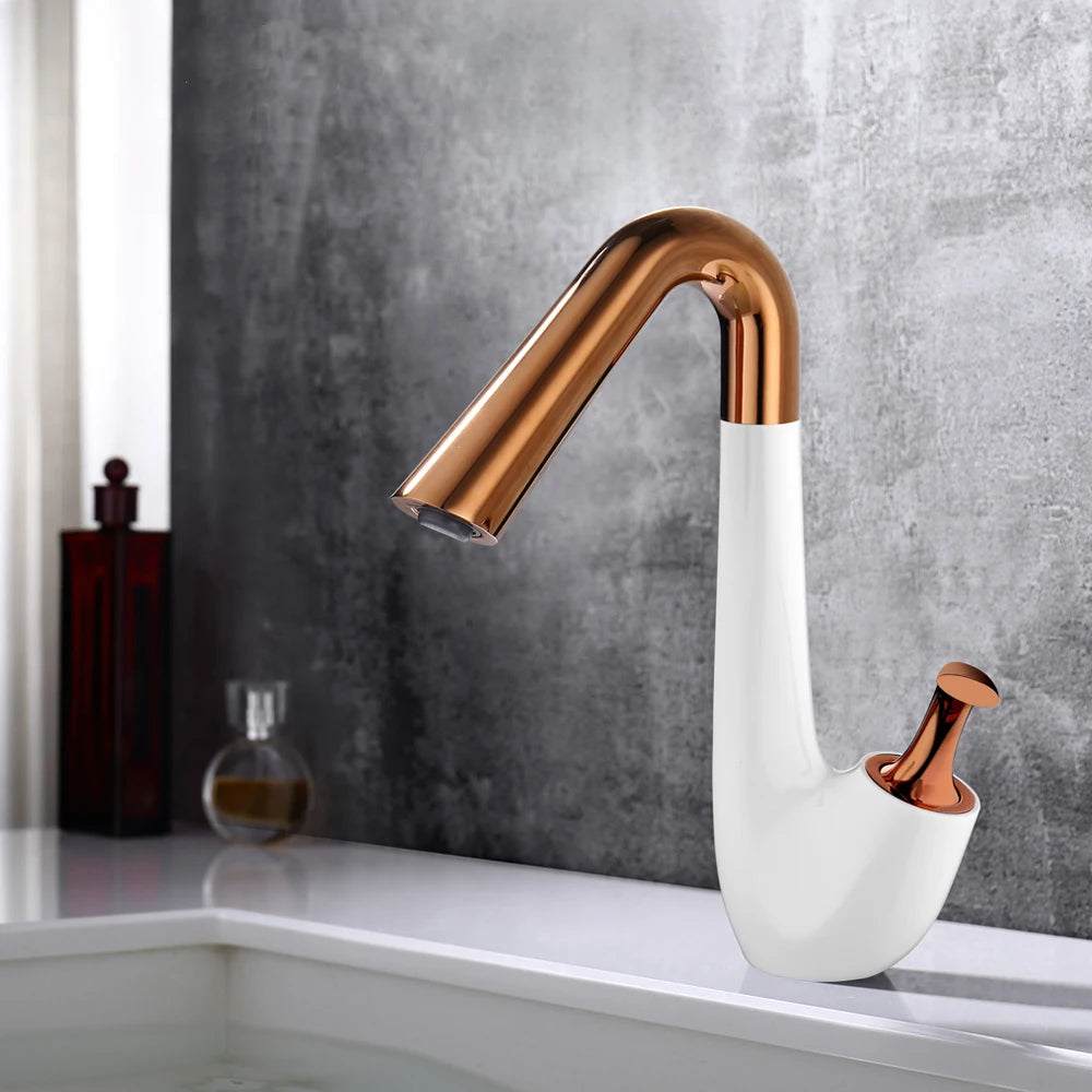 Elegant Swan Design Bathroom Faucet – Rotating Matte Black & Rose Gold Mixer Tap