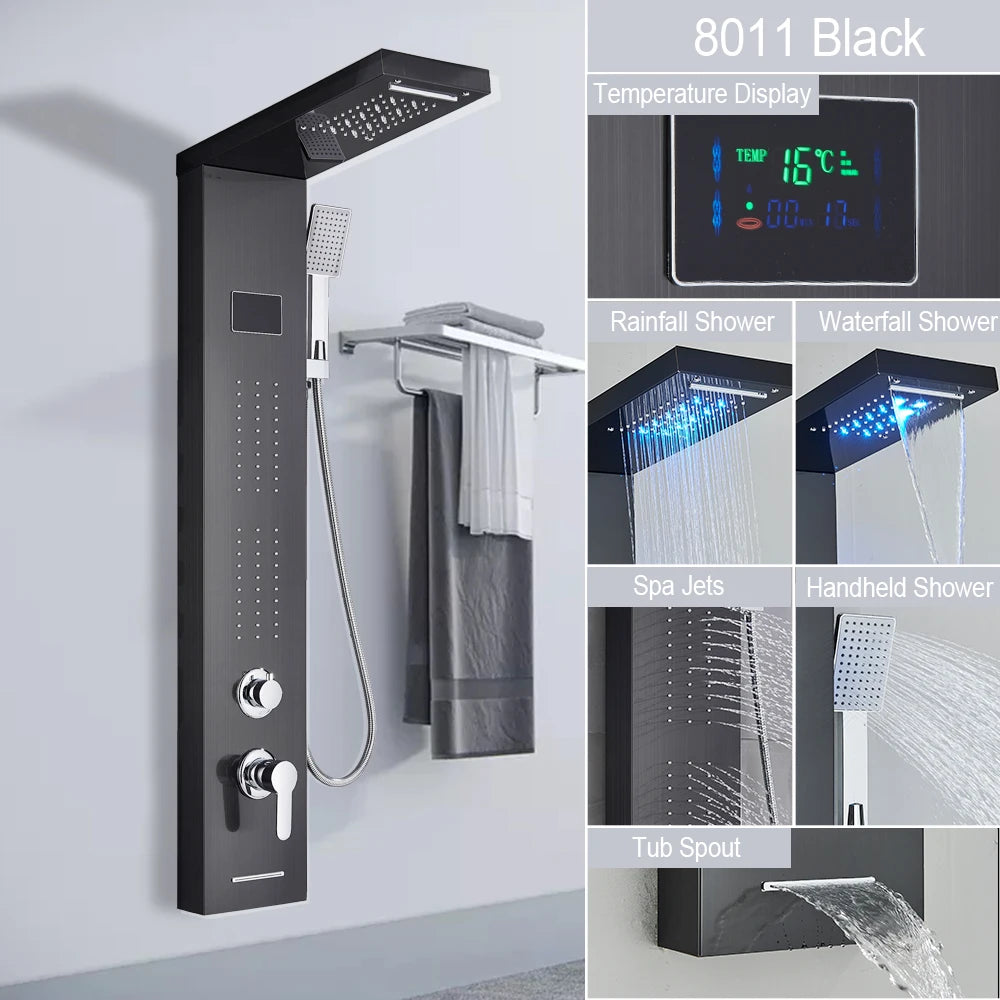 Luxury LED Shower Panel Tower System with Digital Display, Rainfall Waterfall & SPA Massage Jets
