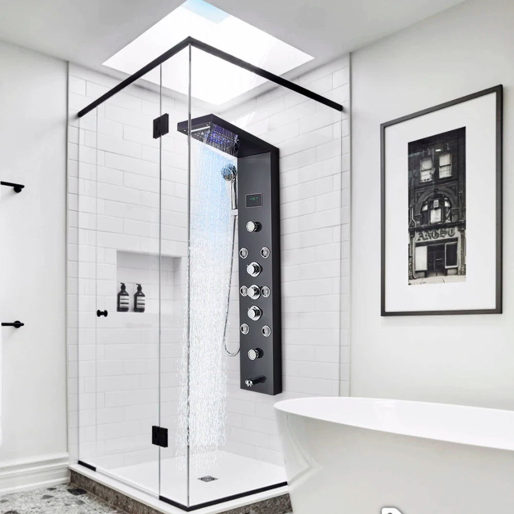 Luxury LED Shower Panel Tower System with Digital Display, Rainfall Waterfall & SPA Massage Jets