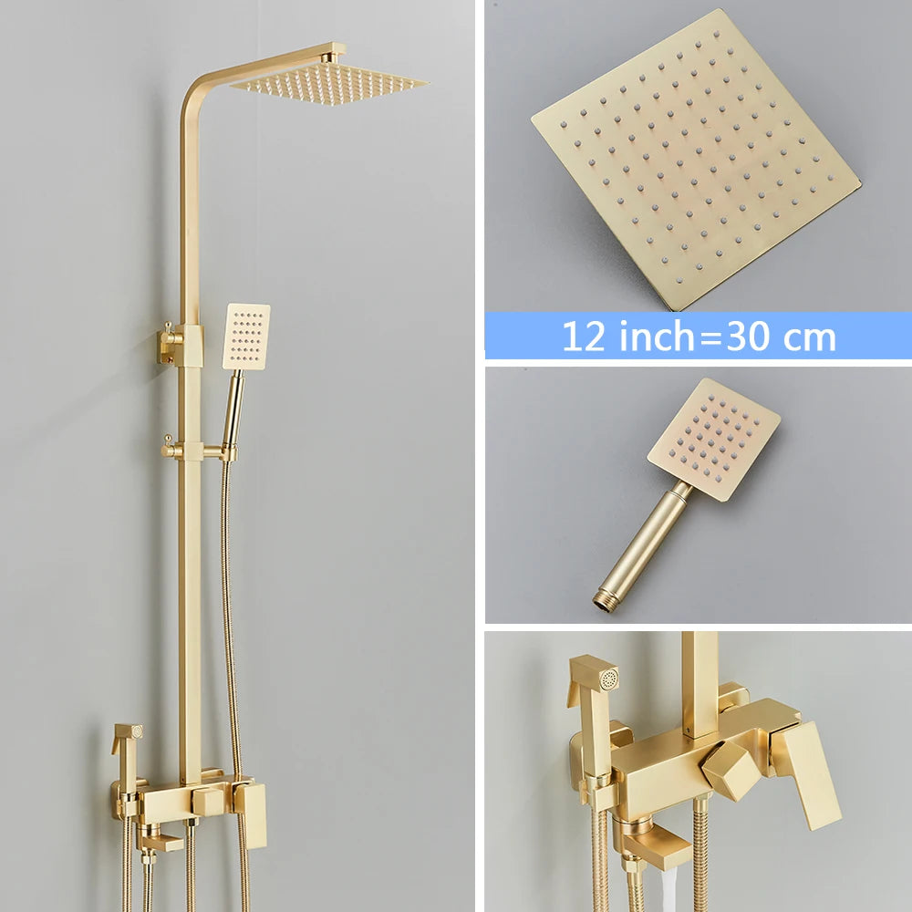 Luxury Brushed Gold Bathroom Rain Shower System – Premium Brass Rainfall Faucet Set with Bidet