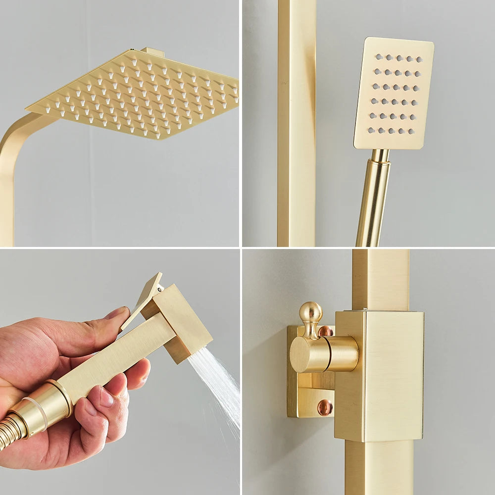 Luxury Brushed Gold Bathroom Rain Shower System – Premium Brass Rainfall Faucet Set with Bidet