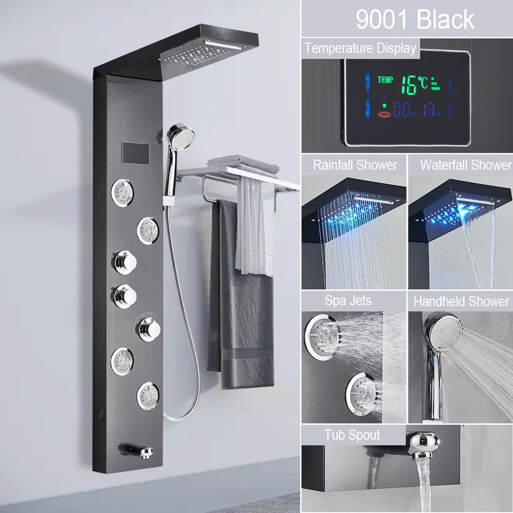 Luxury LED Shower Panel Tower System with Digital Display, Rainfall Waterfall & SPA Massage Jets