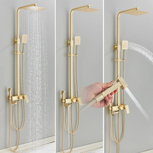 Luxury Brushed Gold Bathroom Rain Shower System – Premium Brass Rainfall Faucet Set with Bidet