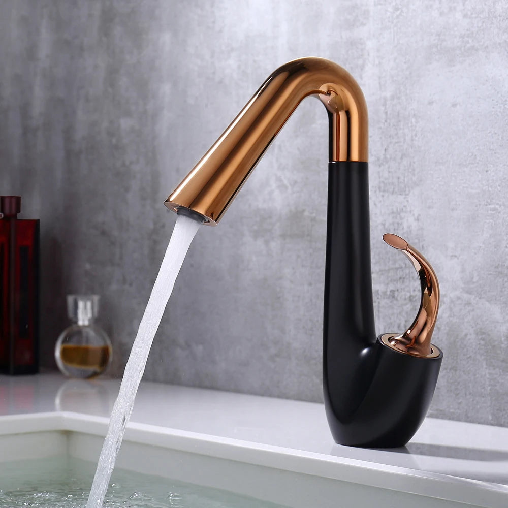 Elegant Swan Design Bathroom Faucet – Rotating Matte Black & Rose Gold Mixer Tap