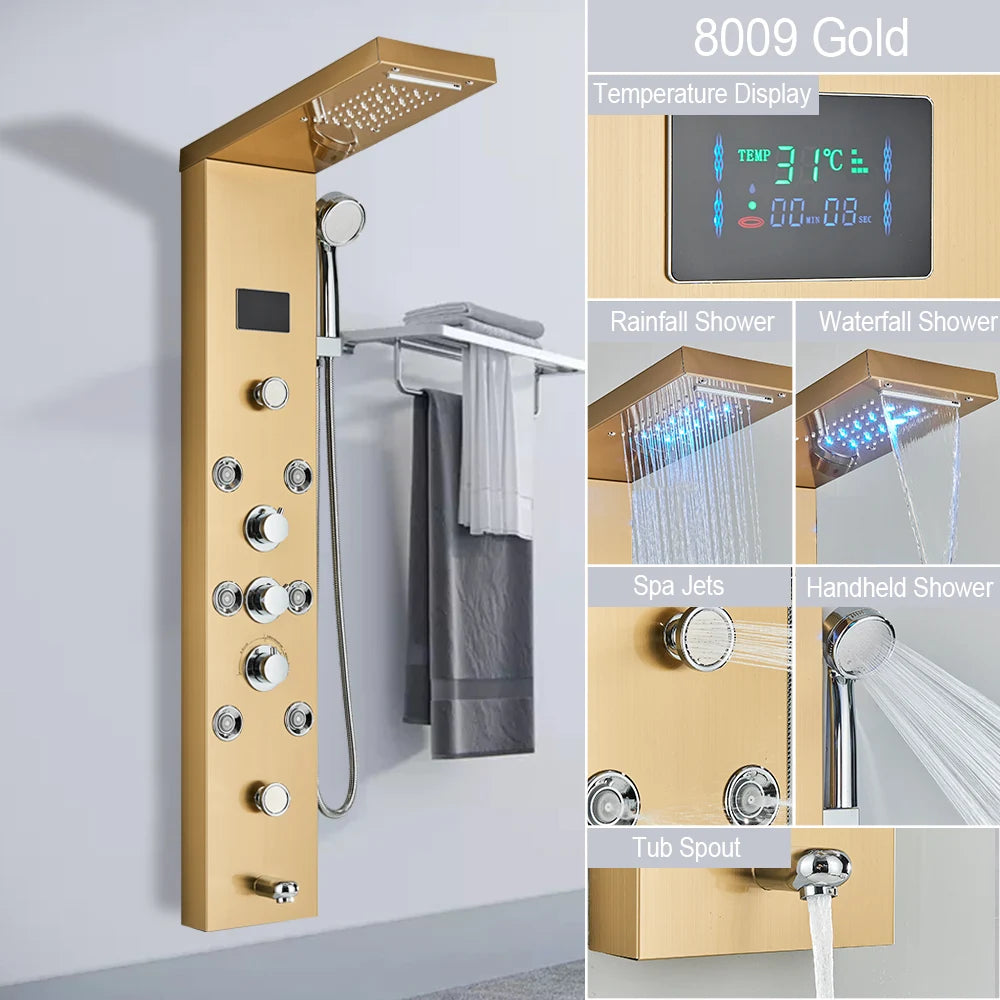Luxury LED Shower Panel Tower System with Digital Display, Rainfall Waterfall & SPA Massage Jets