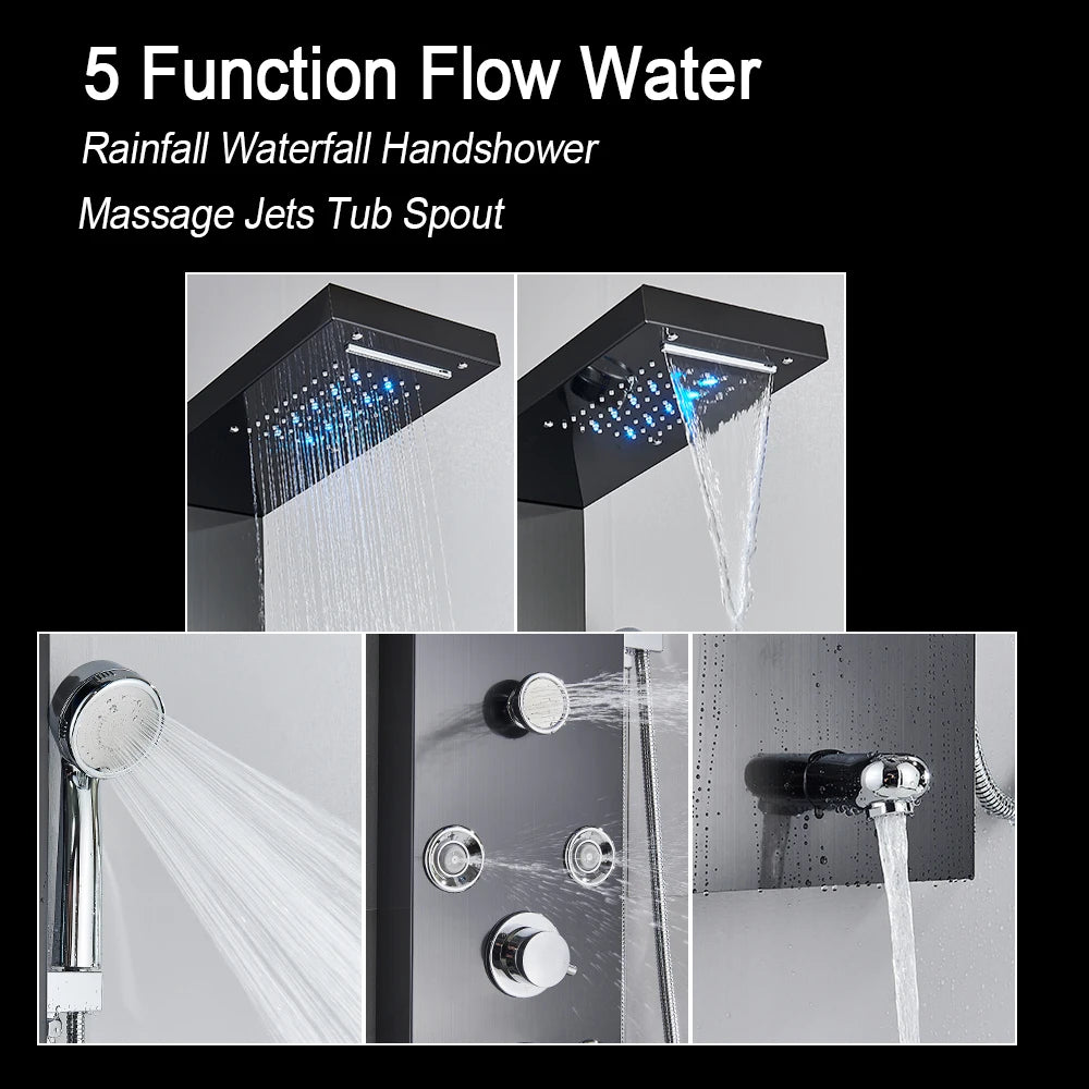 Luxury LED Shower Panel Tower System with Digital Display, Rainfall Waterfall & SPA Massage Jets