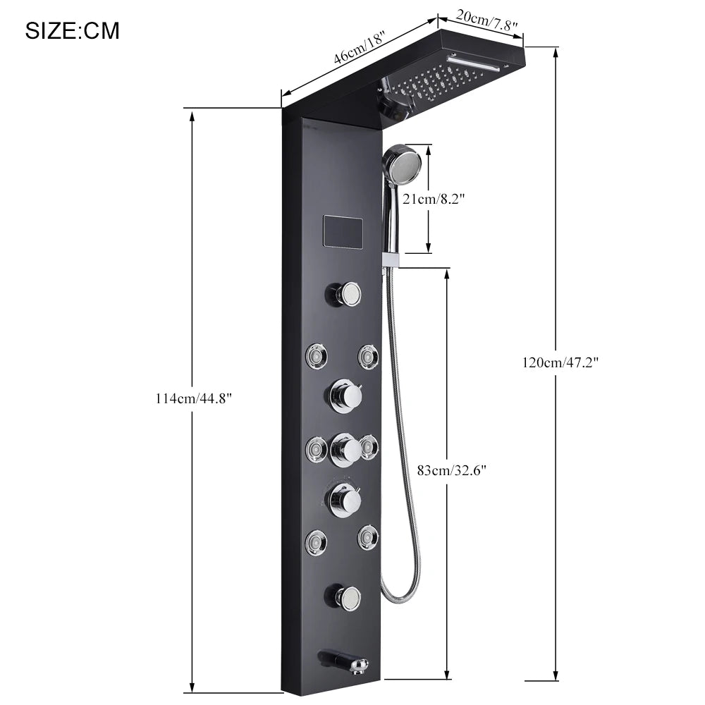 Luxury LED Shower Panel Tower System with Digital Display, Rainfall Waterfall & SPA Massage Jets