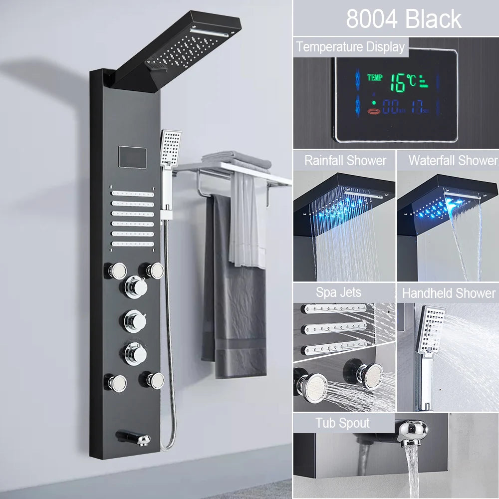 Luxury LED Shower Panel Tower System with Digital Display, Rainfall Waterfall & SPA Massage Jets