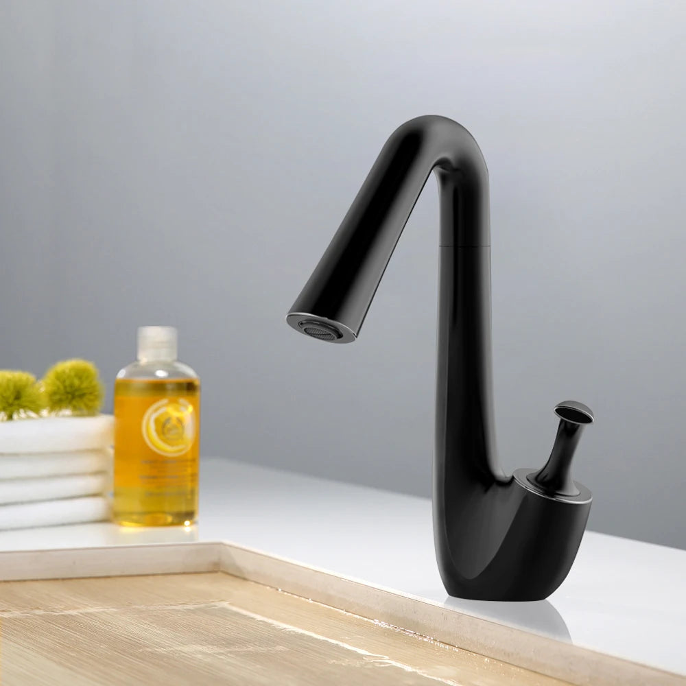 Elegant Swan Design Bathroom Faucet – Rotating Matte Black & Rose Gold Mixer Tap