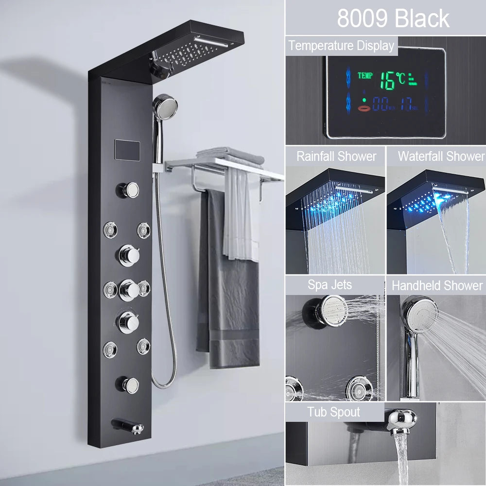 Luxury LED Shower Panel Tower System with Digital Display, Rainfall Waterfall & SPA Massage Jets