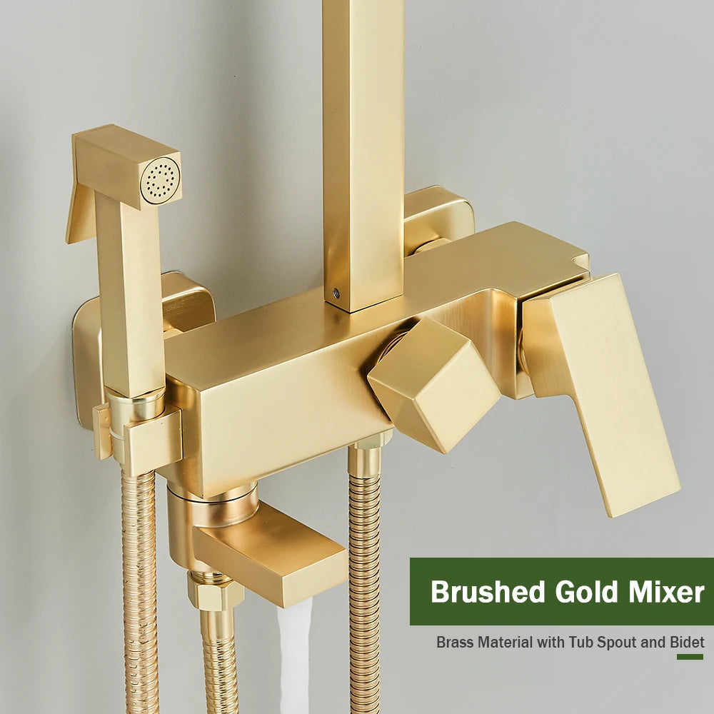 Luxury Brushed Gold Bathroom Rain Shower System – Premium Brass Rainfall Faucet Set with Bidet