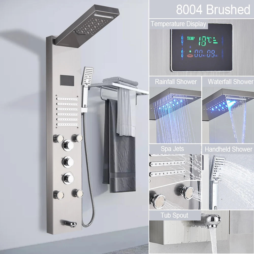 Luxury LED Shower Panel Tower System with Digital Display, Rainfall Waterfall & SPA Massage Jets