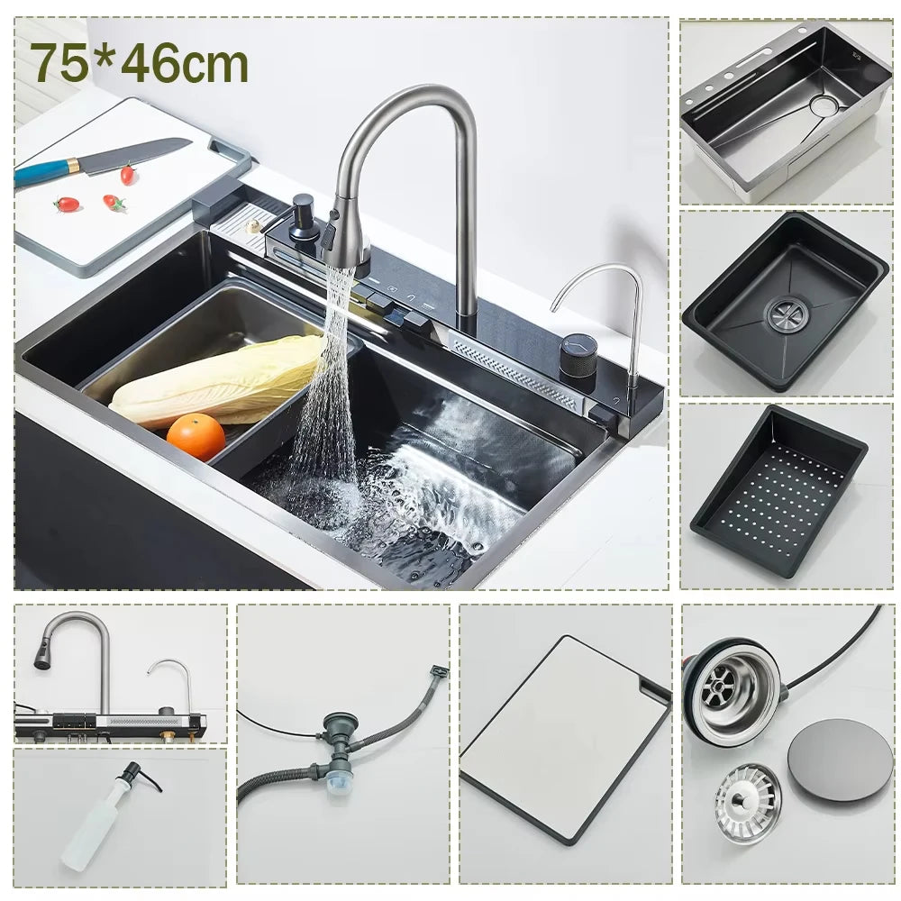 304 Stainless Steel Waterfall Kitchen Sink with Digital Display – Large Single Bowl, Multifunction Touch Control