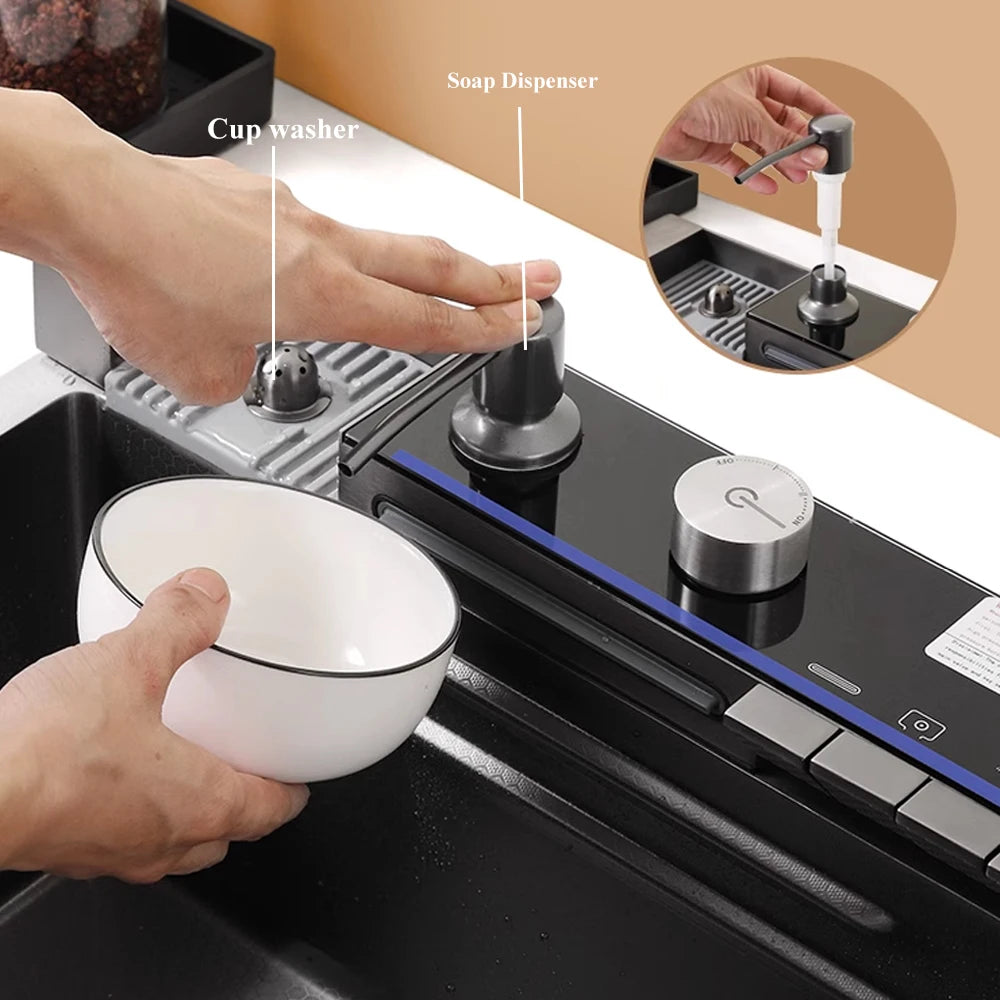 304 Stainless Steel Waterfall Kitchen Sink with Digital Display – Large Single Bowl, Multifunction Touch Control