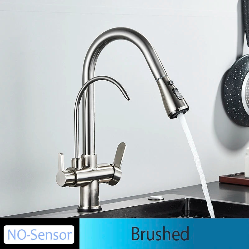 Touch & Manual Kitchen Faucet with Pull-Out Sprayer – Dual Handle Hot & Cold Mixer, Deck Mounted Sink Tap