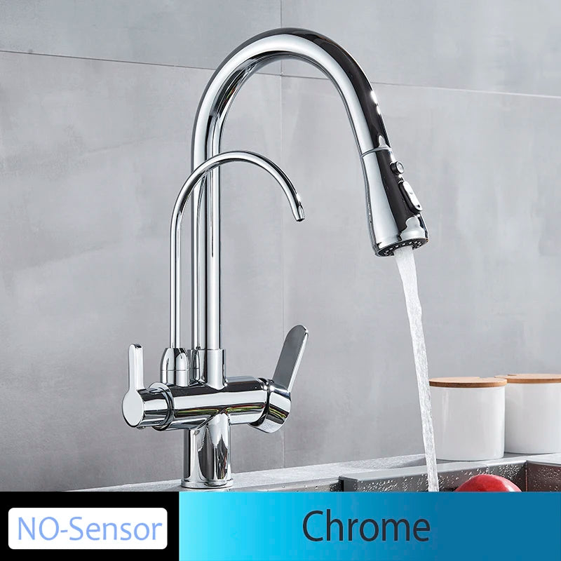 Touch & Manual Kitchen Faucet with Pull-Out Sprayer – Dual Handle Hot & Cold Mixer, Deck Mounted Sink Tap