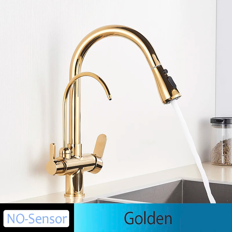 Touch & Manual Kitchen Faucet with Pull-Out Sprayer – Dual Handle Hot & Cold Mixer, Deck Mounted Sink Tap