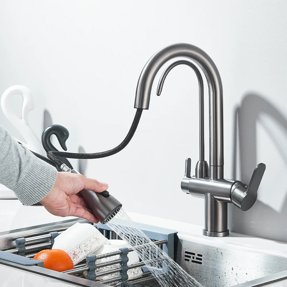 Touch & Manual Kitchen Faucet with Pull-Out Sprayer – Dual Handle Hot & Cold Mixer, Deck Mounted Sink Tap