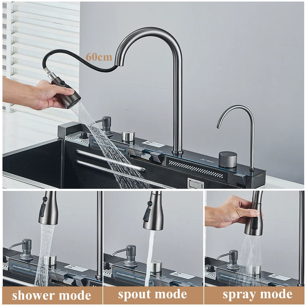 304 Stainless Steel Waterfall Kitchen Sink with Digital Display – Large Single Bowl, Multifunction Touch Control