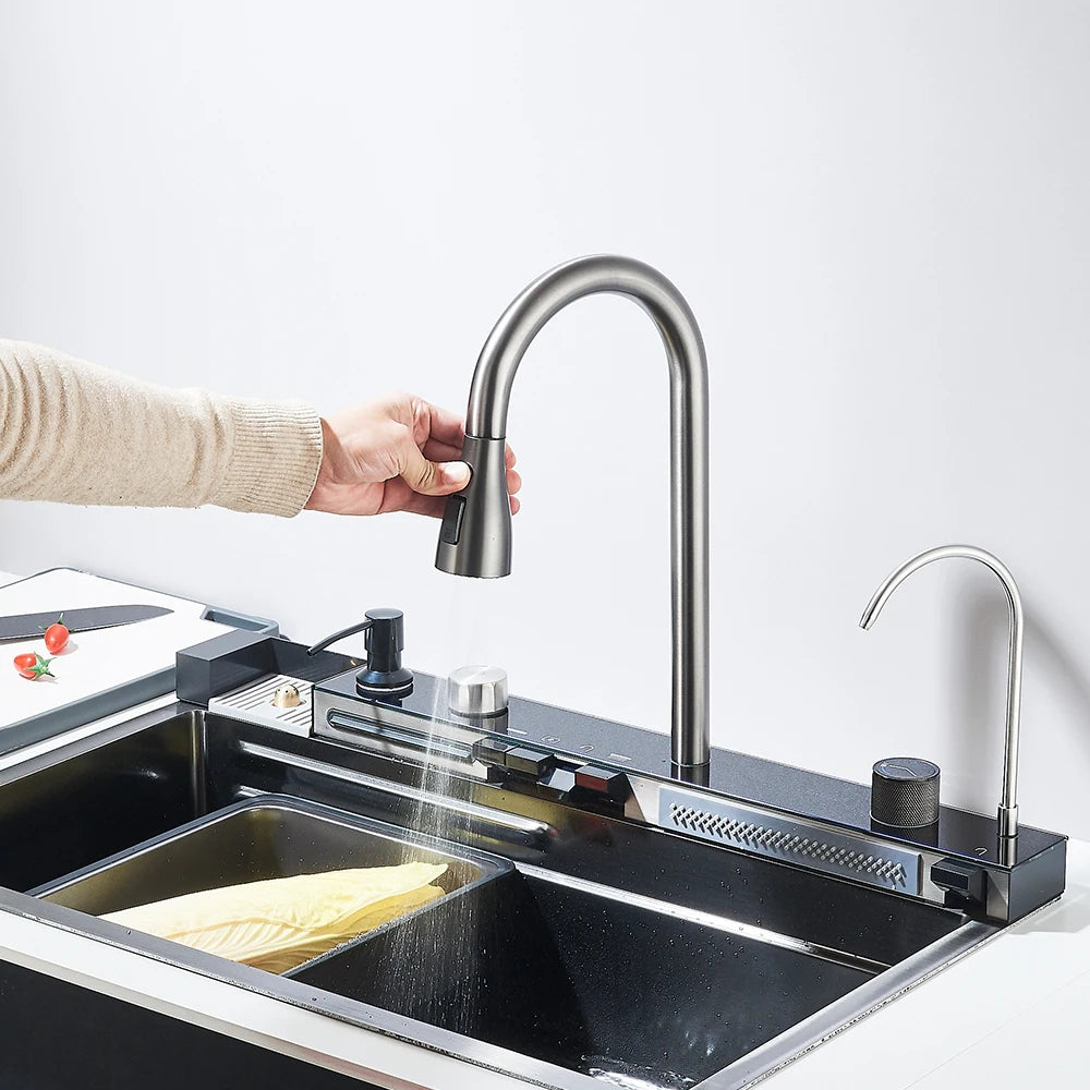 304 Stainless Steel Waterfall Kitchen Sink with Digital Display – Large Single Bowl, Multifunction Touch Control