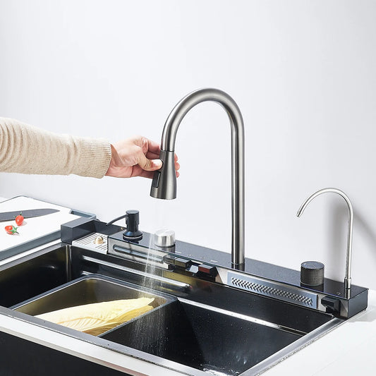 304 Stainless Steel Waterfall Kitchen Sink with Digital Display – Large Single Bowl, Multifunction Touch Control