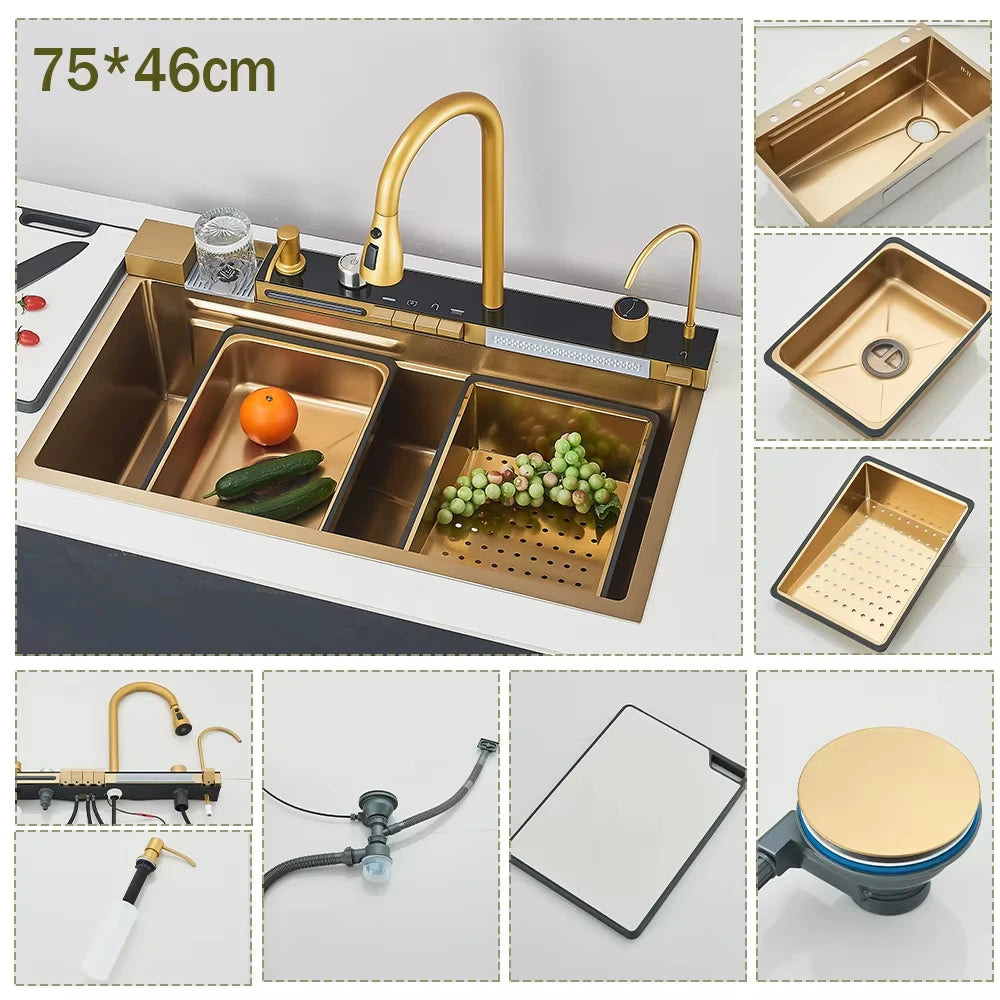 304 Stainless Steel Waterfall Kitchen Sink with Digital Display – Large Single Bowl, Multifunction Touch Control