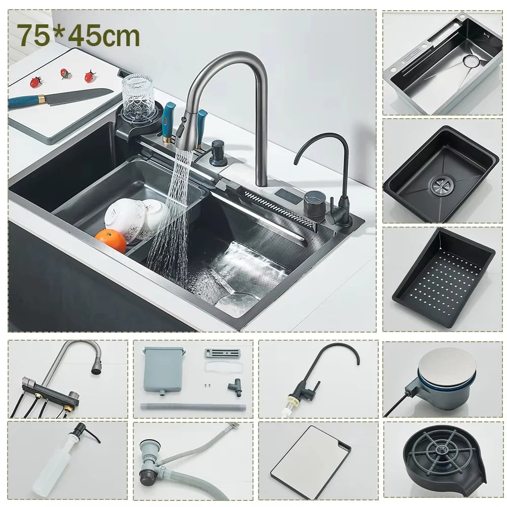 304 Stainless Steel Waterfall Kitchen Sink with Digital Display – Large Single Bowl, Multifunction Touch Control
