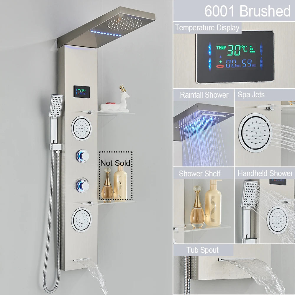 Luxury LED Shower Panel Tower System with Digital Display, Rainfall Waterfall & SPA Massage Jets