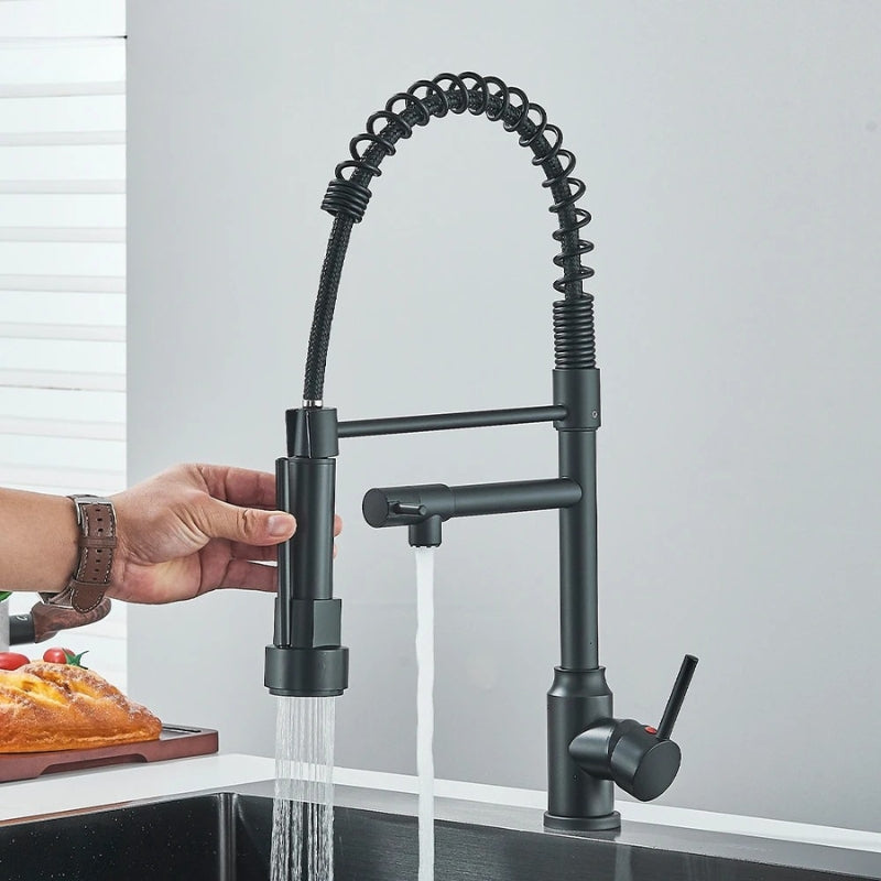 Black Spring Pull Down Stainless steel Kitchen Sink Faucet Hot Cold Water Mixer Crane Tap with Dual Spout 360° Rotation Faucet