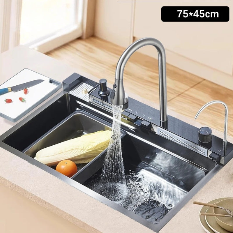 304 Stainless Steel Waterfall Kitchen Sink with Digital Display – Large Single Bowl, Multifunction Touch Control