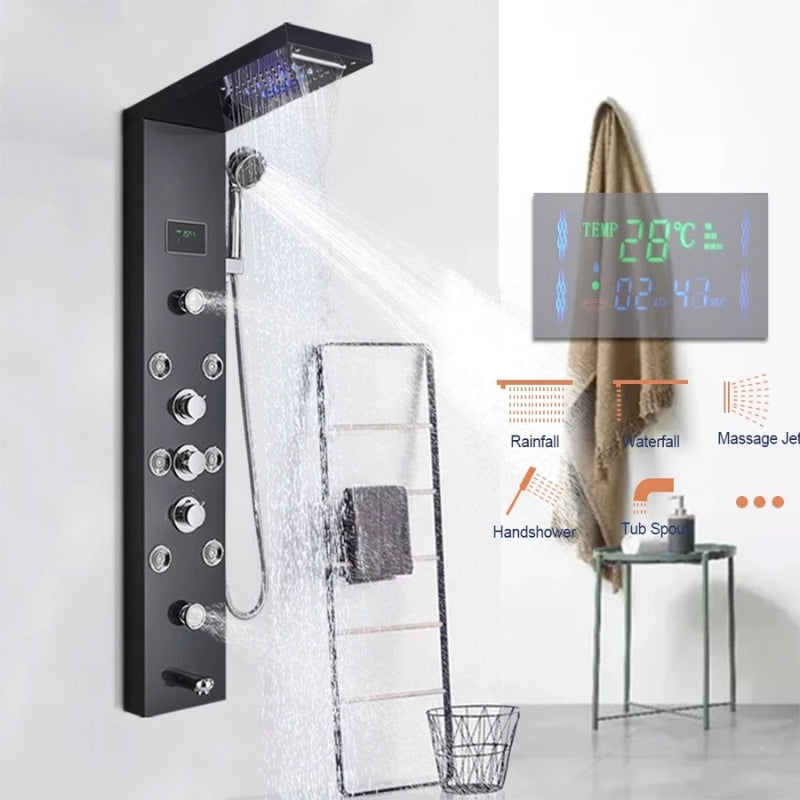 Luxury LED Shower Panel Tower System with Digital Display, Rainfall Waterfall & SPA Massage Jets