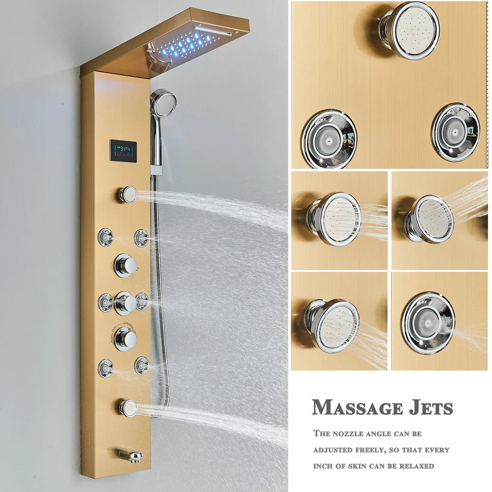 Gold LED Shower Panel Column Tower Bathroom Mixer Waterfall Massage Body Jets