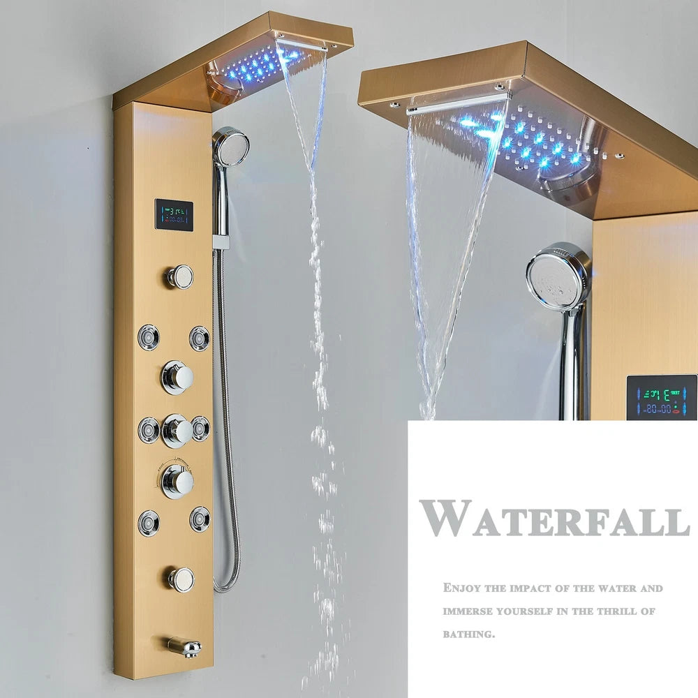 Gold LED Shower Panel Column Tower Bathroom Mixer Waterfall Massage Body Jets