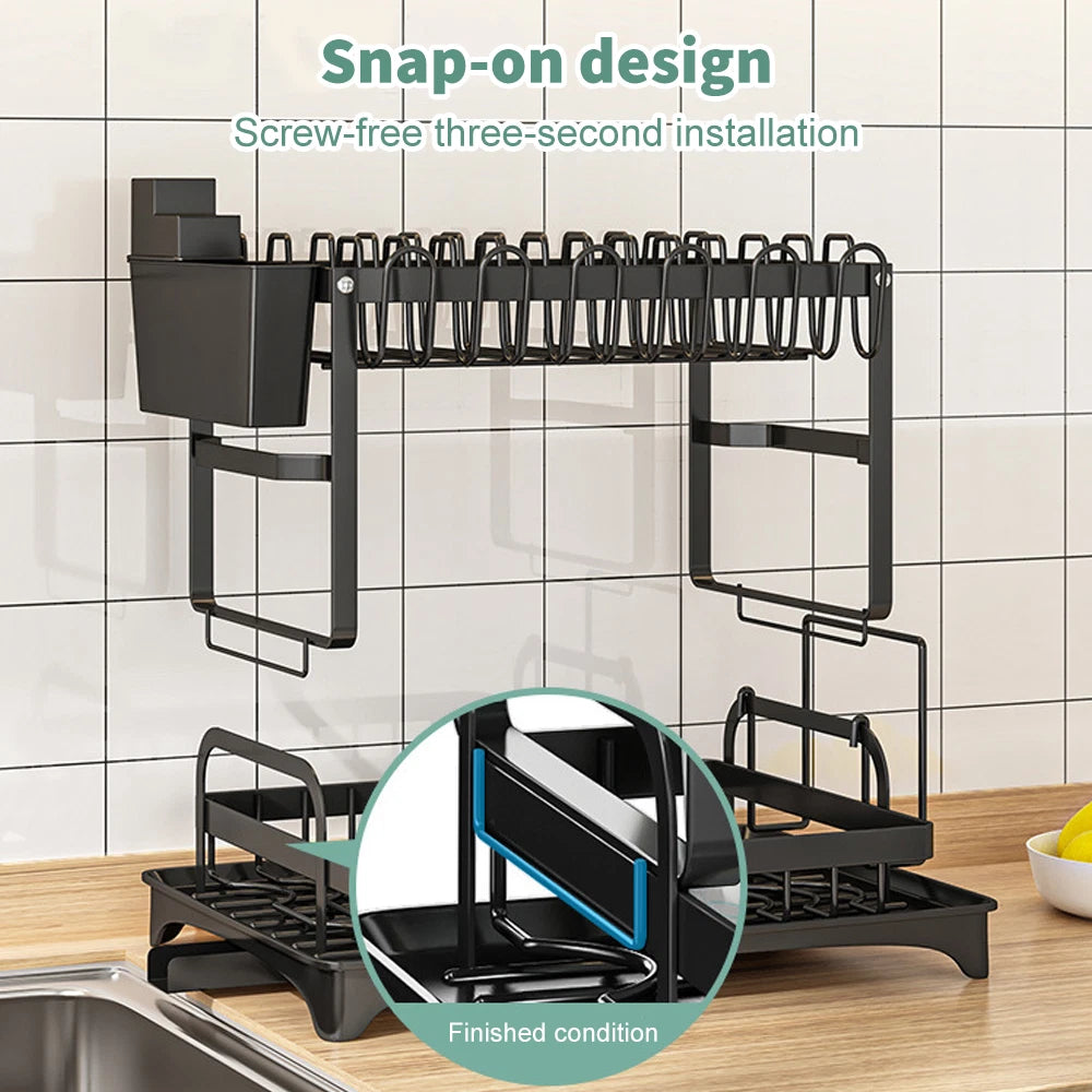 🔥2 Tier Kitchen Sink Dish Drainer Rack With Drip Tray Cutlery Holder Plate Rack