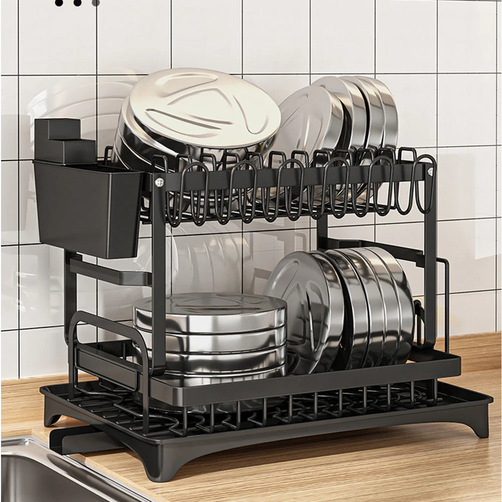 🔥2 Tier Kitchen Sink Dish Drainer Rack With Drip Tray Cutlery Holder Plate Rack