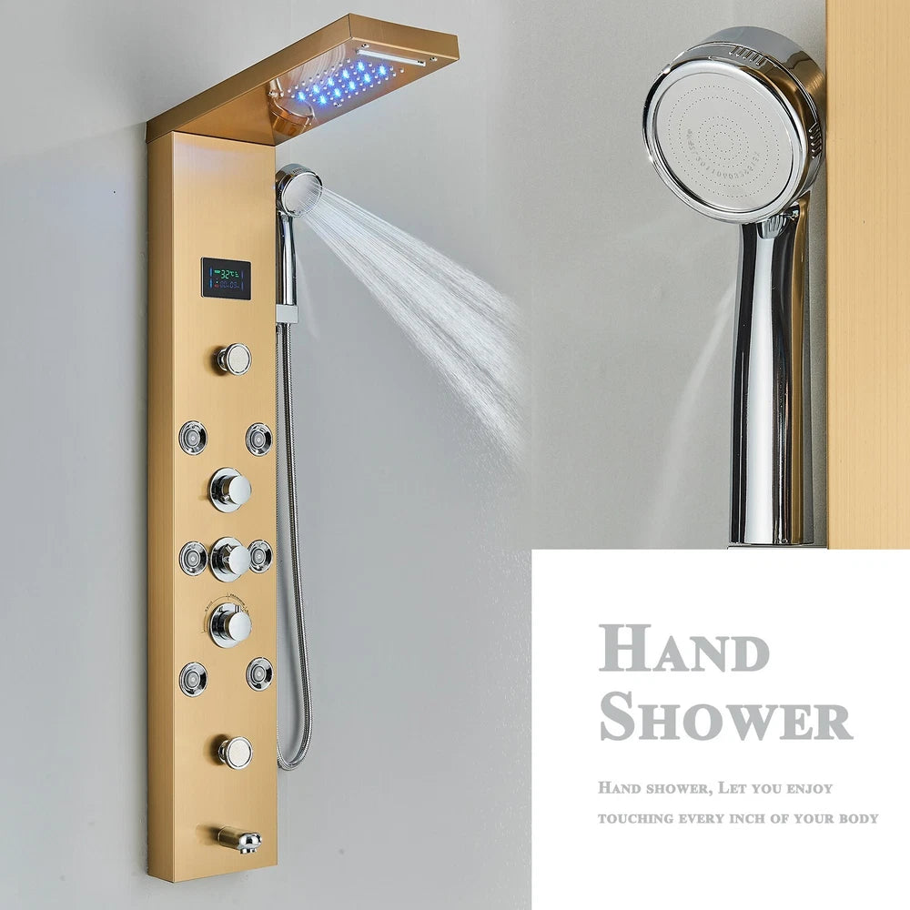 Gold LED Shower Panel Column Tower Bathroom Mixer Waterfall Massage Body Jets
