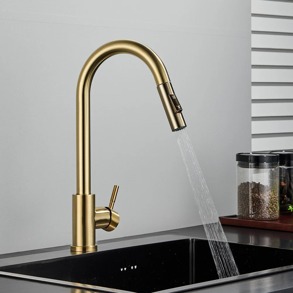 Kitchen Taps Pull Out Spray 360° Sink Taps Swivel Spout Mixer Tap Brushed Gold