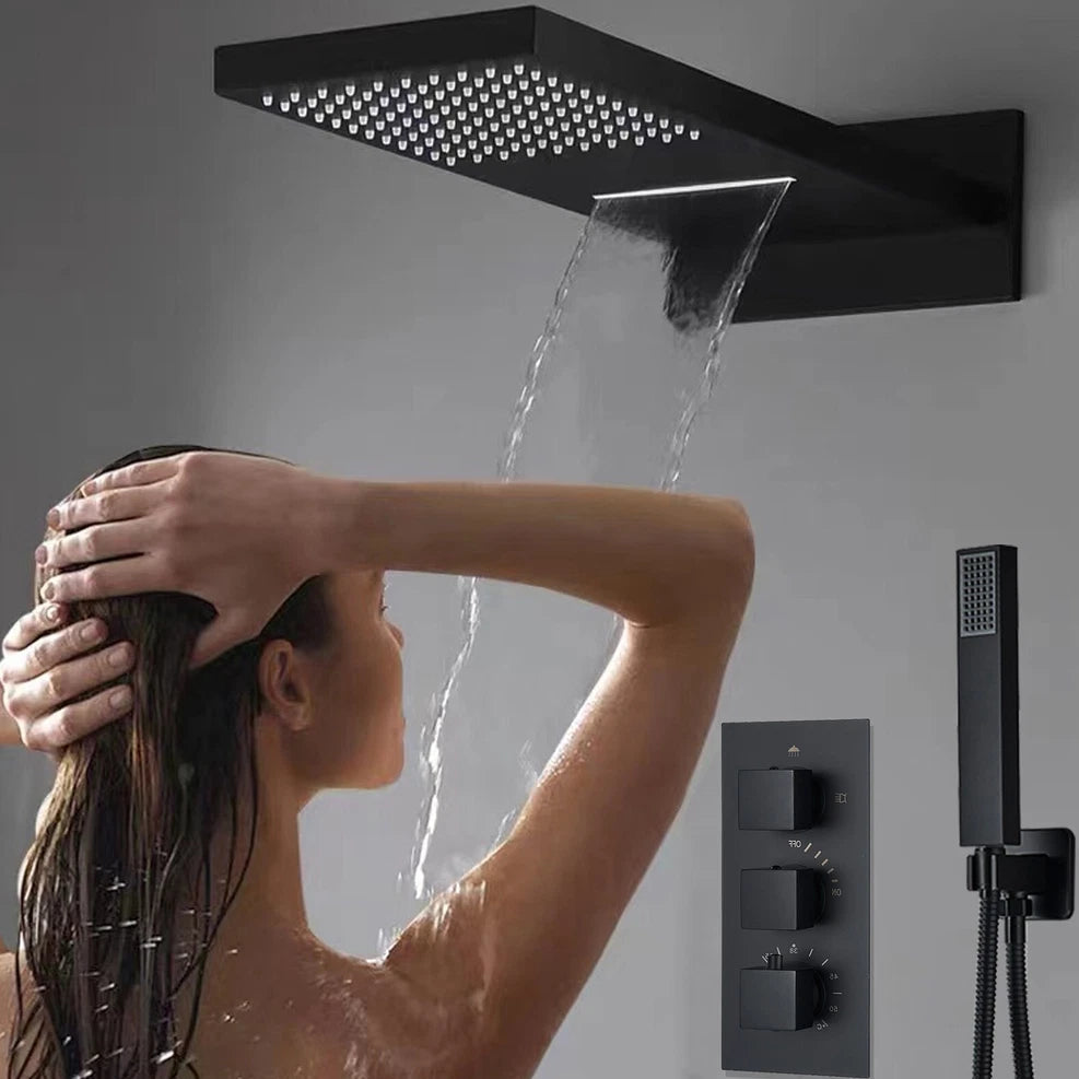 Thermostatic Concealed Shower Mixer Set Black Rain Shower Head Valve Taps Kit