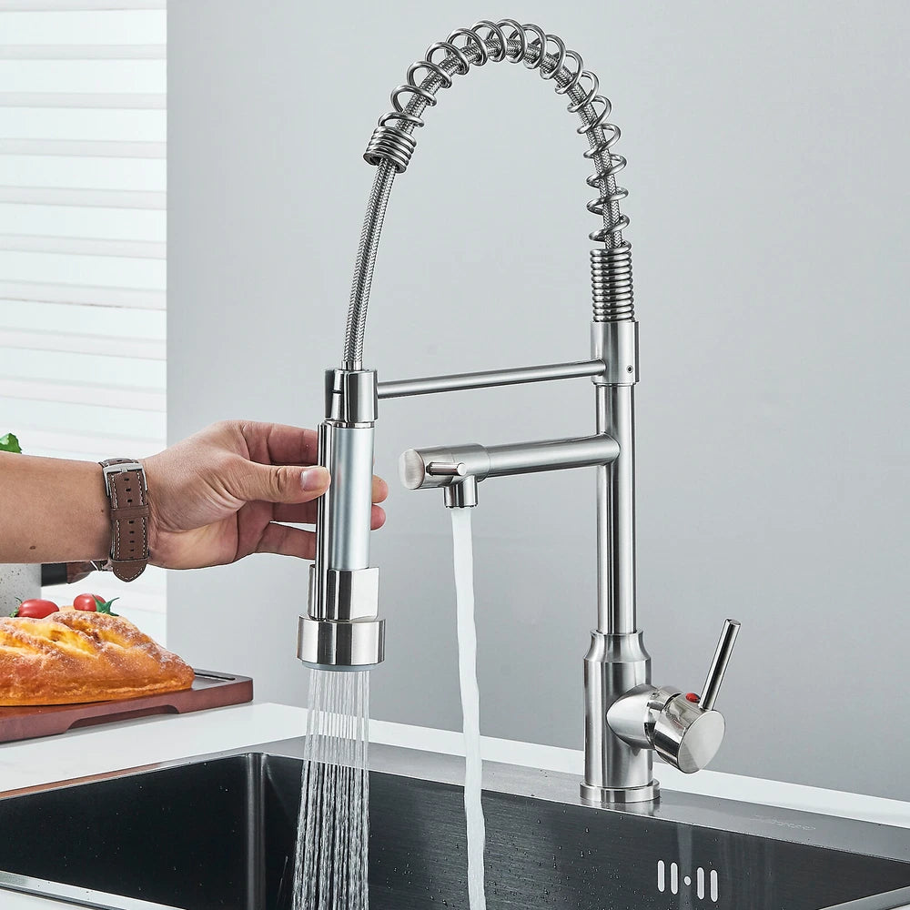 Modern Mono Pull Out Twin Kitchen Mixer Tap Sink Dual Spout Spray Single Lever