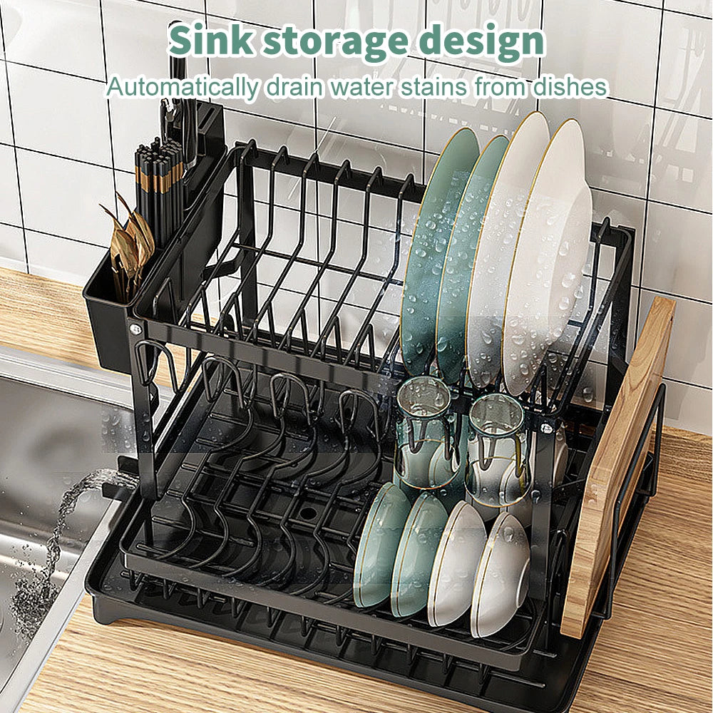 🔥2 Tier Kitchen Sink Dish Drainer Rack With Drip Tray Cutlery Holder Plate Rack