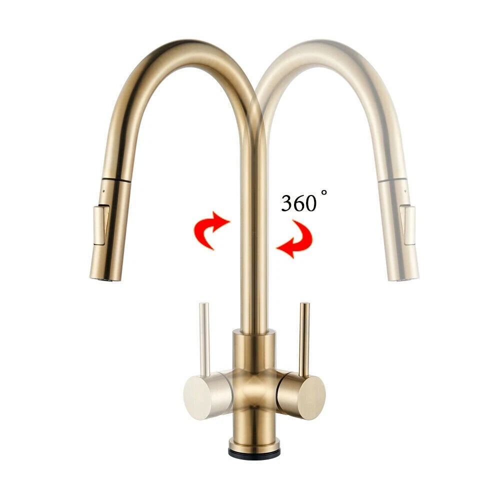 Kitchen Taps Pull Out Spray 360° Sink Taps Swivel Spout Mixer Tap Brushed Gold